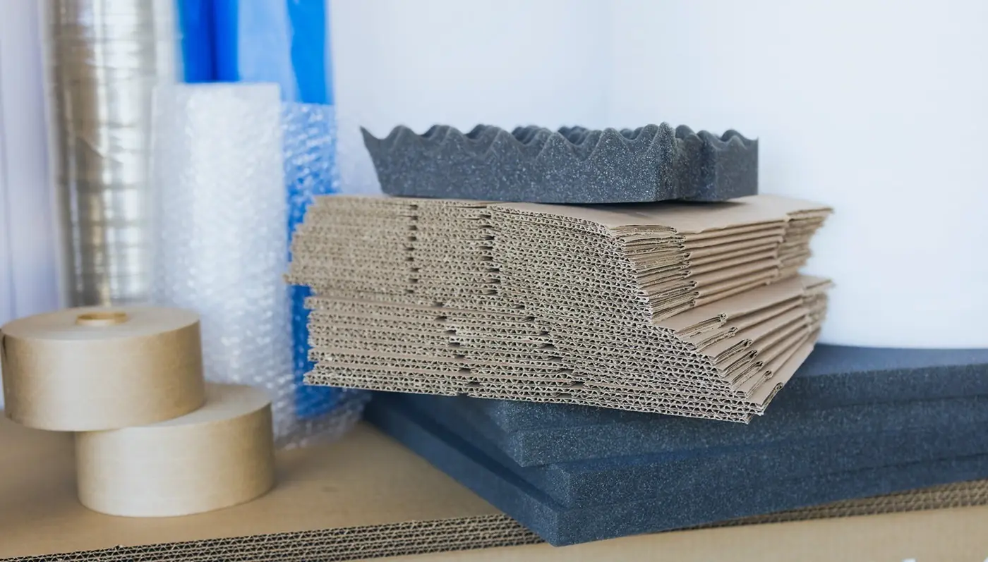 Jamestown-Container-182 corrugated box manufacturer stacks corrugated sheets